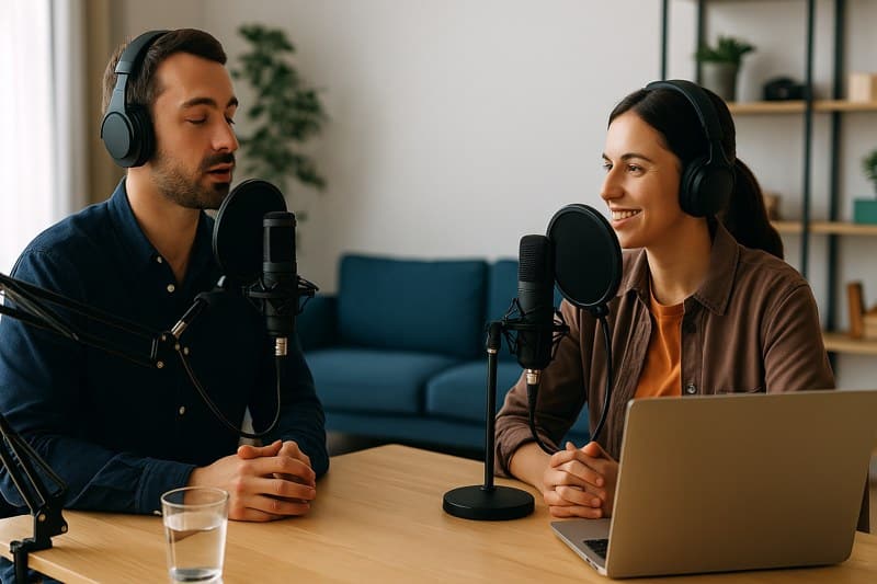 foto due persone che fanno podcast marketing